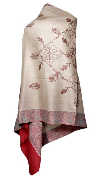 Needle Work on a Semi Pashmina Light Brown Shawl - KatraBAZAAR