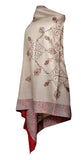 Needle Work on a Semi Pashmina Light Brown Shawl - KatraBAZAAR