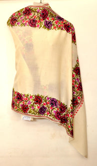 Creme Semi Pashmina Stole With Jari Work From Kashmir - KatraBAZAAR