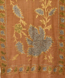 Light brown semi pashmina stole with Chinar leaf styled tilla work - KatraBAZAAR