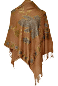Light brown semi pashmina stole with Chinar leaf styled tilla work - KatraBAZAAR