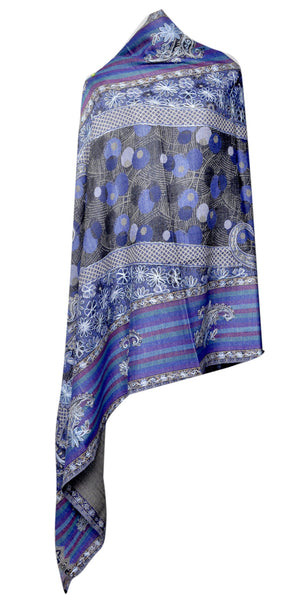 Semi Pashmina Blue Black Shawl Embroided with Ari - KatraBAZAAR