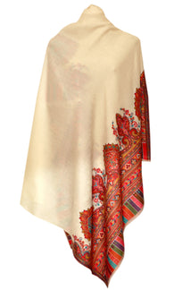 Creme Pashmina shawl with embroidery - KatraBAZAAR