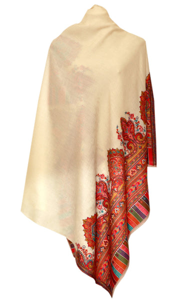 Creme Pashmina shawl with embroidery - KatraBAZAAR