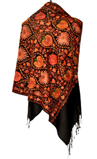 Black semi pashmina stole with jari work from Kashmir - KatraBAZAAR